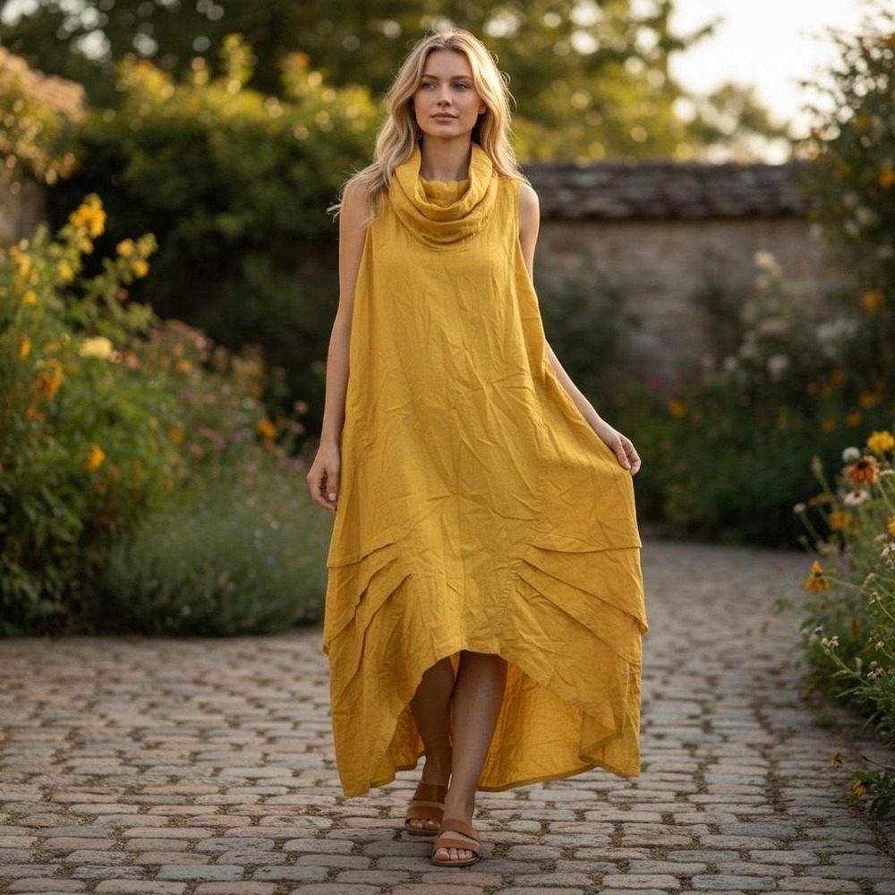 Cynthia Rowley Linen Maxi Dress Womens L Yellow Cowl Neck Cocoon High Low